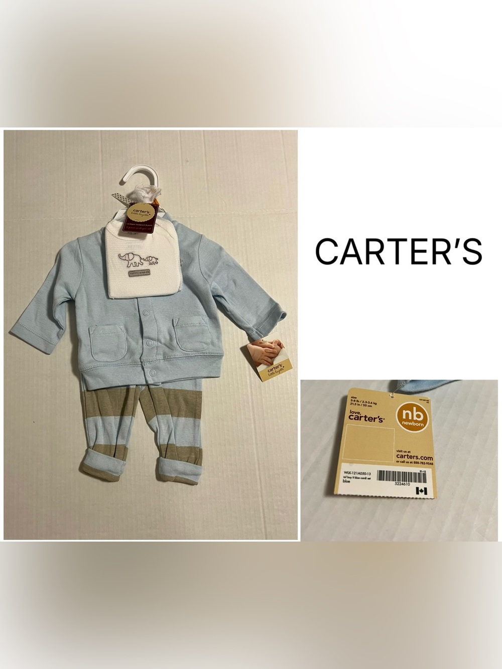 CARTER’S - NB - NWT - INFANT BOYS 3PC BLUE ELEPHANT CARDIGAN SET